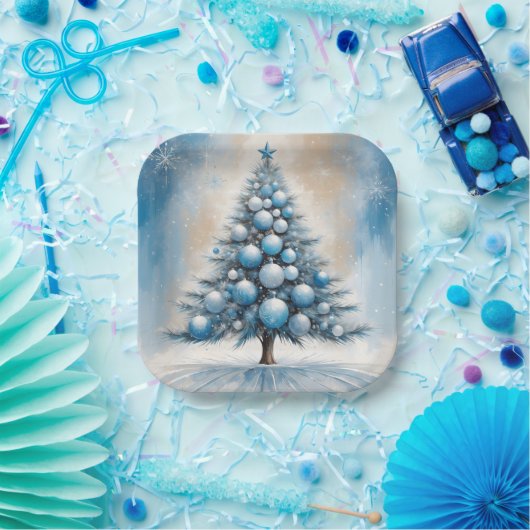 Art Deco Christmas Tree Blue Luxuriöse Ornamente Pappteller (Party)