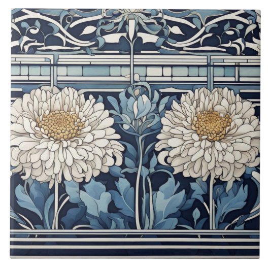 Art Deco chrysanthema Blume Art Nouveau Blue Fliese (Vorderseite)
