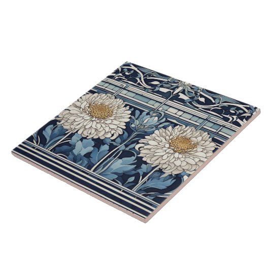 Art Deco chrysanthema Blume Art Nouveau Blue Fliese (Seite)