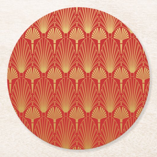Art-Déco-Circle-Untersetzer - Rot und Gold Runder Pappuntersetzer (Vorderseite)