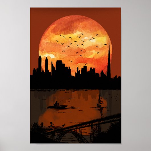 Art Deco City Skyline Sunset Geometric Gold & Bron Poster (Vorne)
