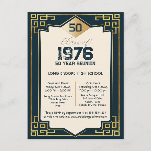 Art Deco Class of 1976 50 Year High School Reunion Postkarte (Vorderseite)