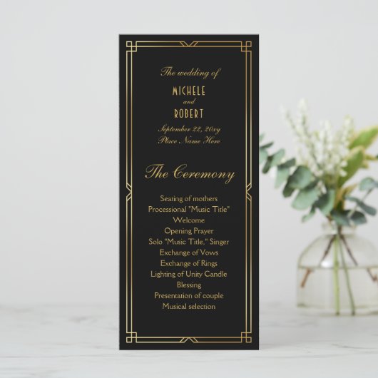 Art Deco Classic Black Gold Frame Wedding Programm (Stehend Vorderseite)