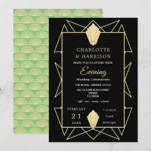 Art Deco Classy Green Gold Abend Hochzeit Einladung