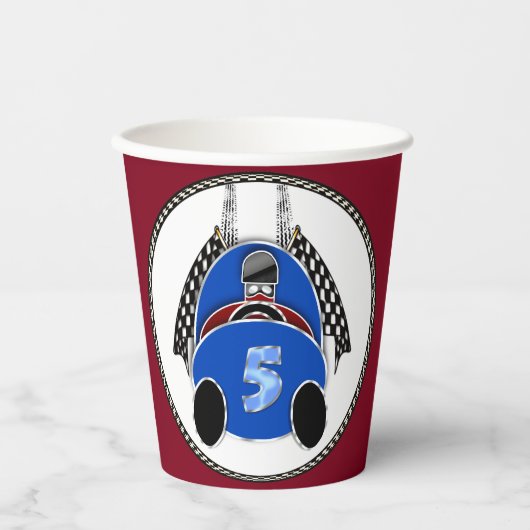 Art Deco Comic Style Blue Race Car Pappbecher (Vorderseite)