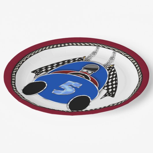Art Deco Comic Style Blue Race Car Pappteller (Schrägansicht)