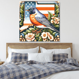 Art Deco Connecticut American Robin und Blume Leinwanddruck