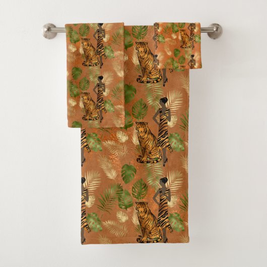 Art Deco Copper Green Gold Tiger Lady Badhandtuch Set (Insitu)
