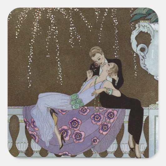 Art Deco Couple Kissing Quadratischer Aufkleber (Vorderseite)
