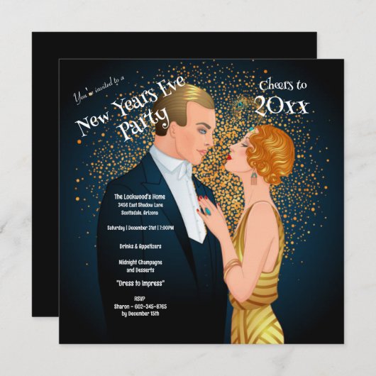Art Deco Couple Silvester Party Einladung (Vorne/Hinten)
