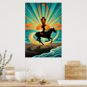 Art Deco Cowgirl Horse Beach Waves Sunset Poster (Küche)