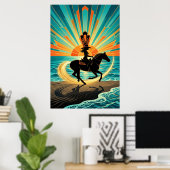 Art Deco Cowgirl Horse Beach Waves Sunset Poster (Heimbüro)