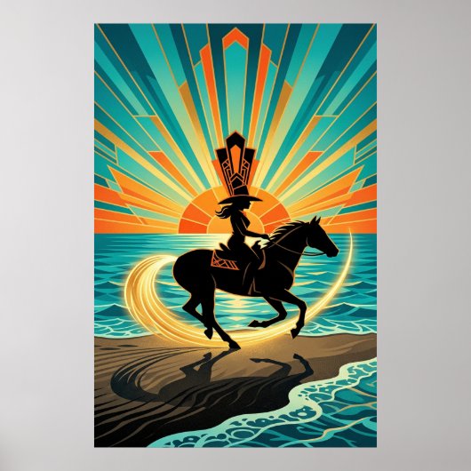 Art Deco Cowgirl Horse Beach Waves Sunset Poster (Vorne)