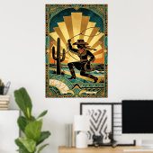 Art Deco Cowgirl Lasso Cactus Desert Sunset Poster (Heimbüro)