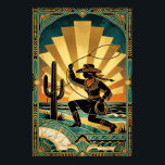 Art Deco Cowgirl Lasso Cactus Desert Sunset Poster<br><div class="desc">A dynamic celebration of Western grit and Art Deco elegance. This illustration features a cowgirl silhouette in a fringed suit expertly wielding a lasso in a desert coastal landscape. Set against a massive, fan-like golden sunburst and framed by intricate geometric borders with marble accents, this piece is perfect for a...</div>