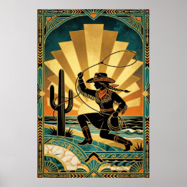 Art Deco Cowgirl Lasso Kaktus Wüstenuntergang Post Poster