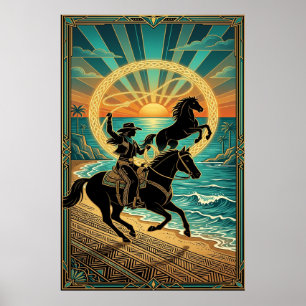 Art Deco Cowgirl Pferd Lasso Strand Sonnenuntergan Poster