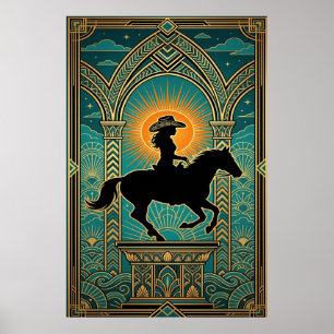 Art Deco Cowgirl Pferd Monument Sonnenstrahl Poster