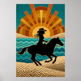 Art Deco Cowgirl Pferd Sonnenuntergang Türkis Oran Poster