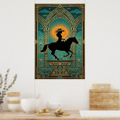 Art Deco Cowgirl Pferdemonument Sonnenstrahlen Poster (Küche)