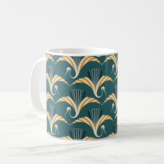 Art Deco Crane - blauer Hintergrund Kaffeetasse (Vorderseite Links)