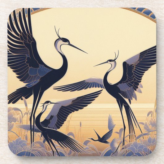 Art Deco Cranes Dancing Hard Kunststoff Untersetze Getränkeuntersetzer (Vorderseite)