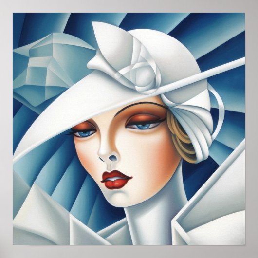 Art Deco Cubism Blue Eyes Frauenportrait Poster (Vorne)