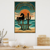 Art Deco Cubist Woman Celestial Sunburst Gold Teal Poster (Küche)