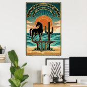 Art Deco Cubist Woman Celestial Sunburst Gold Teal Poster (Heimbüro)