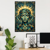 Art Deco Cubist Woman Sunset Gold Teal Poster (Heimbüro)