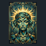 Art Deco Cubist Woman Sunset Gold Teal Poster<br><div class="desc">A mesmerizing blend of cubist form and Art Deco symmetry. This portrait features a stylized woman's face composed of geometric teal and black planes, framed by a radiant, celestial gold sunburst. The composition is anchored by intricate botanical and chevron patterns, making it a sophisticated statement piece for a modern gallery...</div>