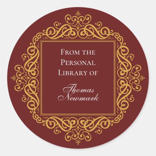 Art Deco Custom Dark Red and Gold Round Buchzeiche Runder Aufkleber (Vorderseite)