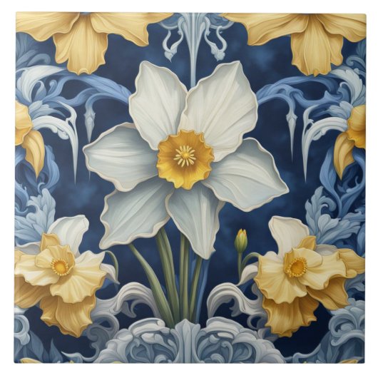 Art Deco Daffodil Blume Jugendstil Blau Fliese (Vorderseite)
