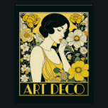 Art Deco Day Woman & Blume Poster<br><div class="desc">Feiern Sie den Art-Déco-Tag mit einem Art-Deko-Design mit einer Frau,  umgeben von gelben und cremefarbenen Blume.</div>