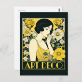 Art Deco Day Woman & Blume Postkarte (Vorne/Hinten)