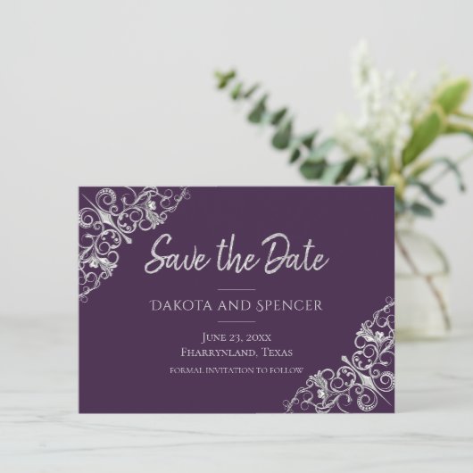 Art Deco Decadence | Lila und silber Filigree Save The Date (Stehend Vorderseite)