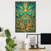 Art Deco Desert Sunset Poster - Geometric Saguaro  (Heimbüro)