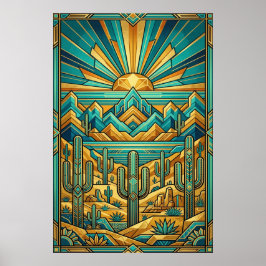 Art Deco Desert Sunset Poster - Geometric Saguaro 