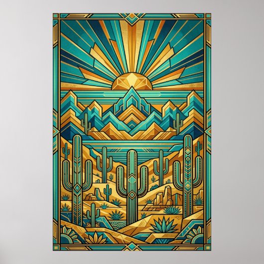 Art Deco Desert Sunset Poster - Geometric Saguaro  (Vorne)