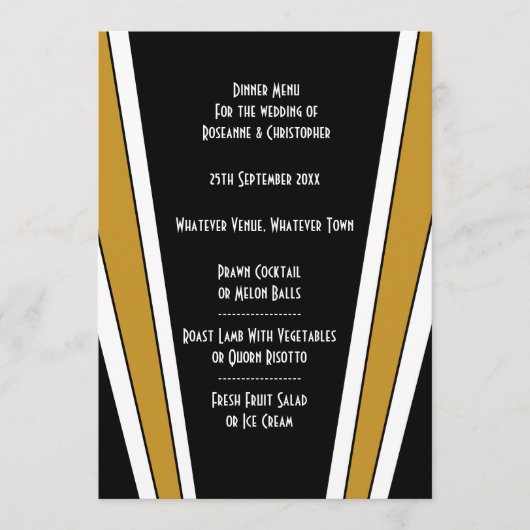 Art Deco Design Black and Gold Wedding Menükarte (Vorderseite)