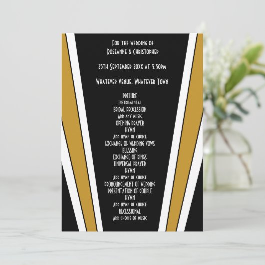 Art Deco Design Black and Gold Wedding Programm (Stehend Vorderseite)