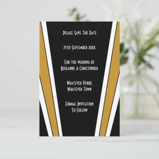 Art Deco Design Black and Gold Wedding Save The Date (Stehend Vorderseite)