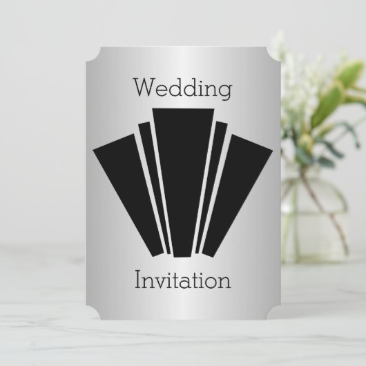 Art Deco Design Schwarz und Silber Hochzeit Einladung (Stehend Vorderseite)