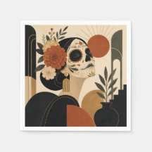 Art Deco Dia De Los Muertos und Halloween Serviett