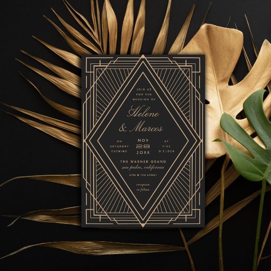 Art Deco Diamond Black and Gold Wedding Einladung