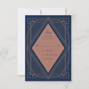 Art Deco Diamond Navy Blau und Rose Gold RSVP Karte