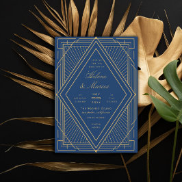 Art Deco Diamond Navy Blue and Gold Wedding Einladung