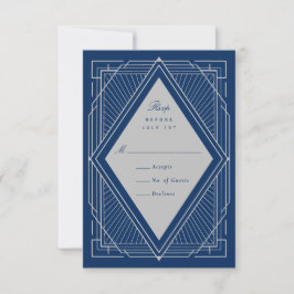 Art Deco Diamond Silver Navy Blue RSVP Karte