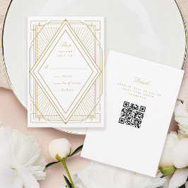 Art Deco Diamond White and Gold Wedding RSVP Karte