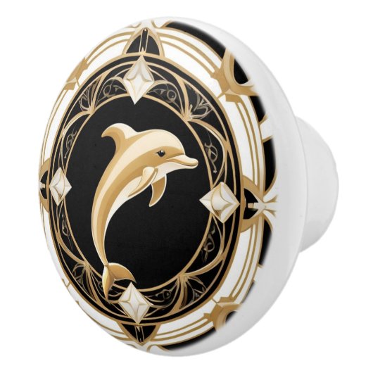 Art Deco Dolphin Schwarz-weiß Gold Schöne Stadt Keramikknauf (Rechts)